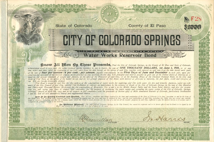 City of Colorado Springs Water Works Reservoir Bond - $1000